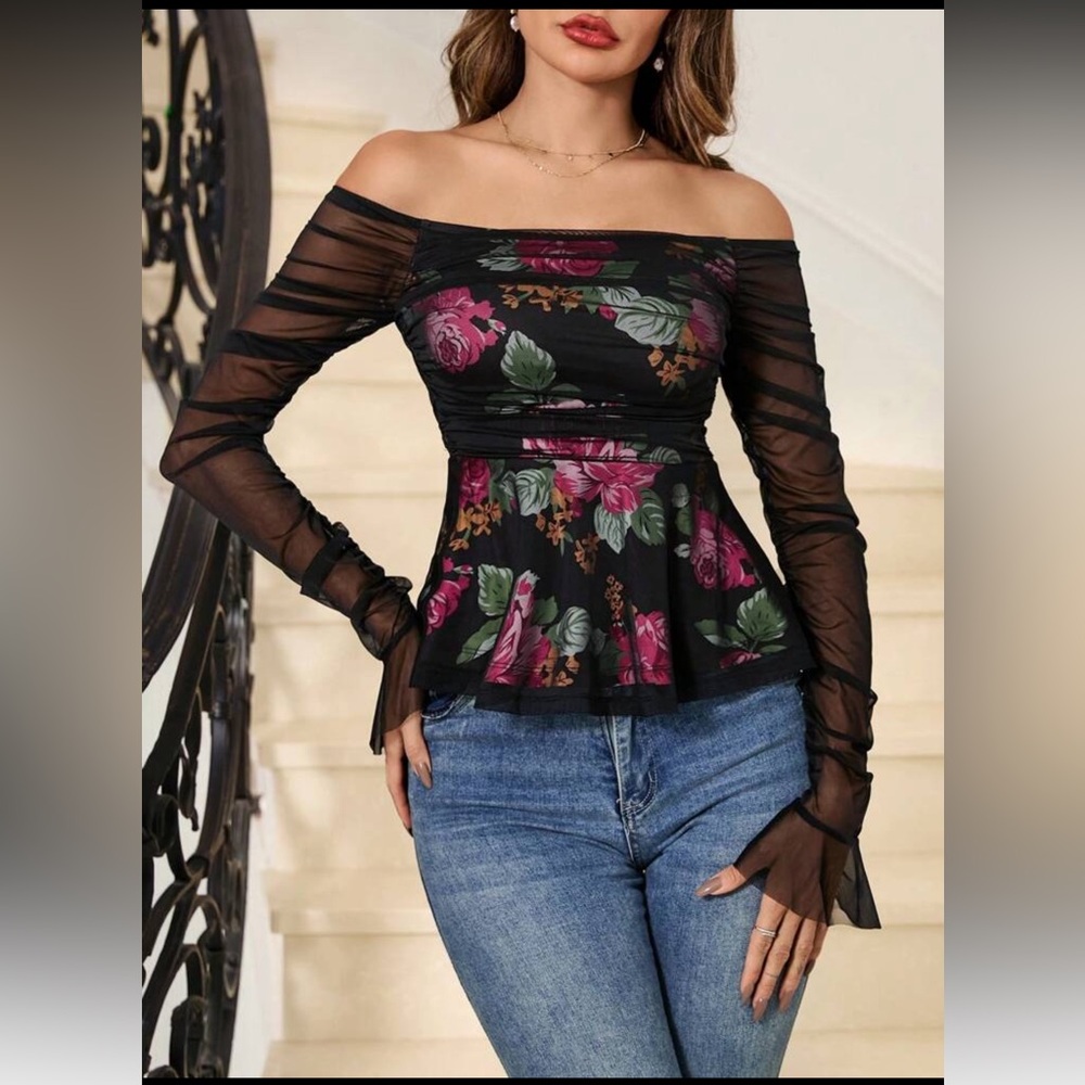 Floral Off-Shoulder black Mesh Top perfect for date nights